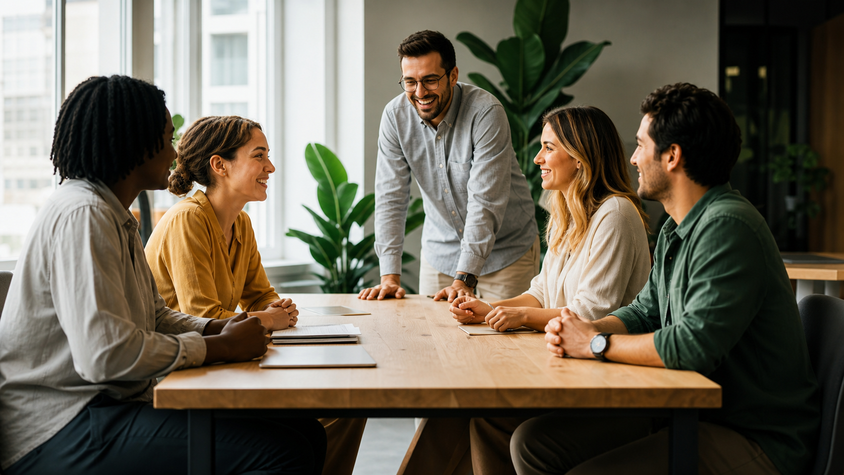 Equipe de tecnologia reunida em torno de uma mesa de trabalho