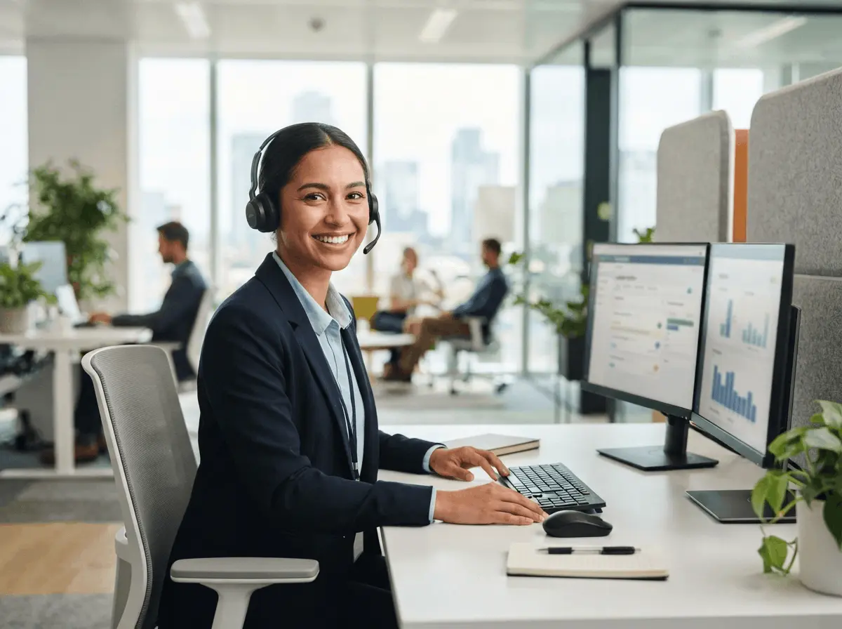Uma atendente mulher, simpática e profissional, usando headset e sorrindo de forma acolhedora, em um ambiente de escritório moderno, iluminado e bem organizado ao fundo.